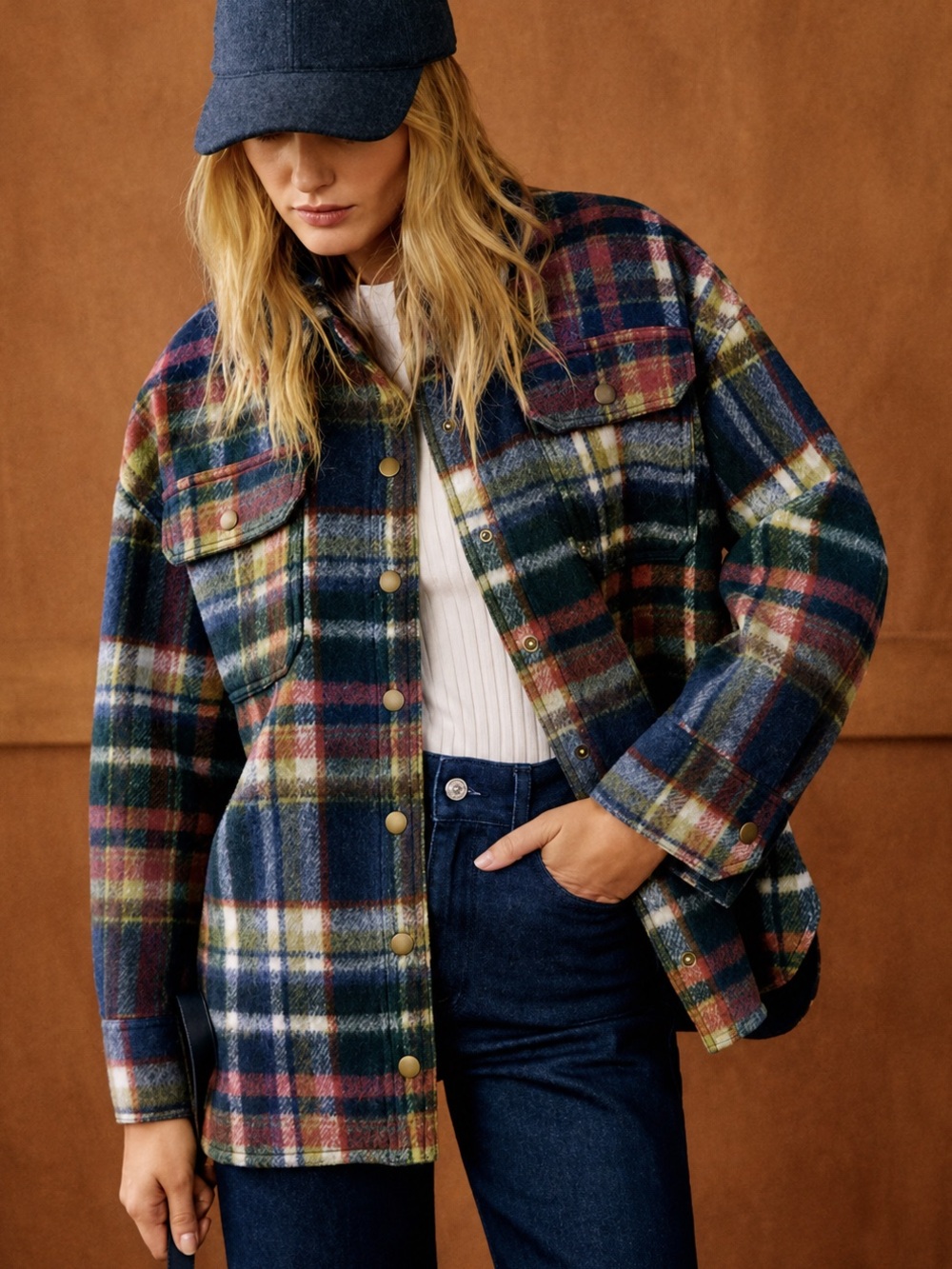 Sézane Armance Wool Plaid Fall Snap Shacket Jacket